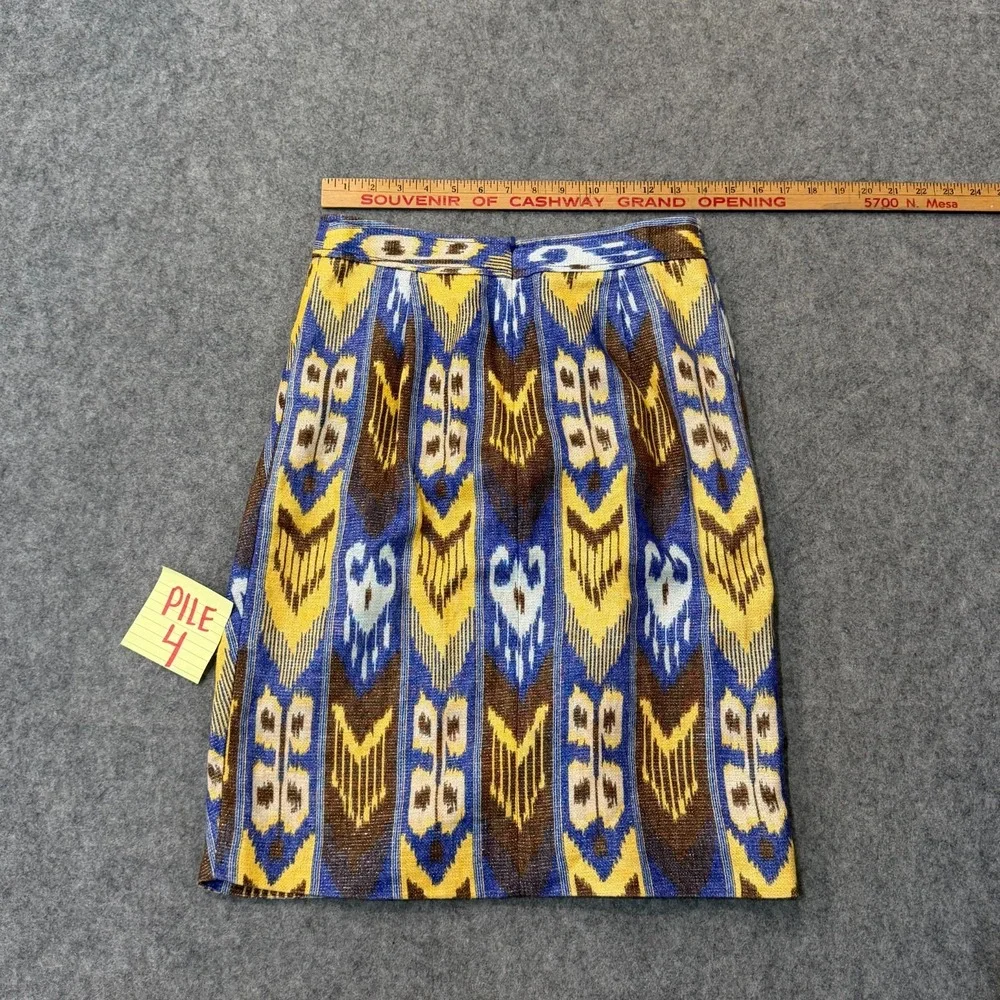 Tory Burch Yellow Blue Ikat Linen Jemima Tulip Hem Midi Skirt Women's Size 4